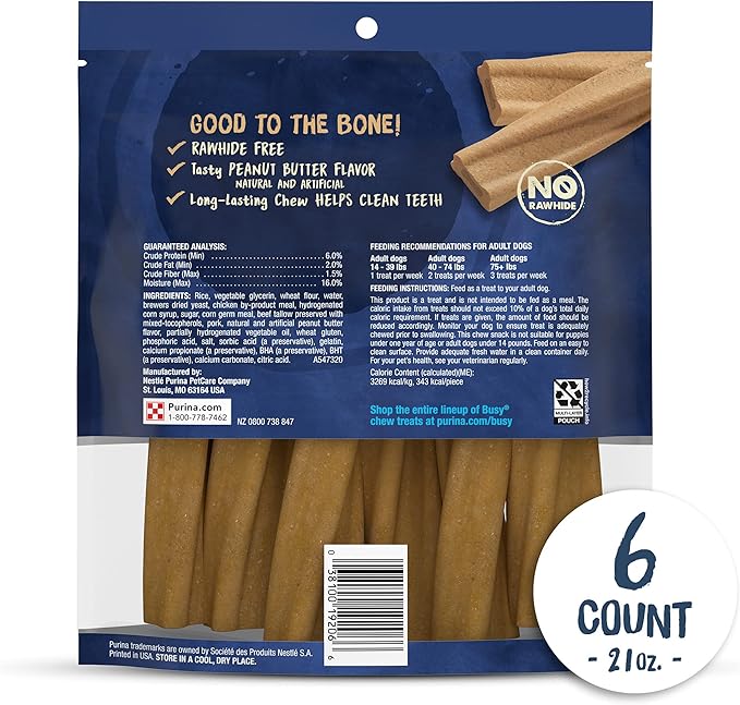 Purina Busy Bone Made in USA Facilities, Long Lasting Small/Medium Breed Adult Dog Chews, Peanut Butter Flavor - 6 Count (Pack of 1) - PAWPICO