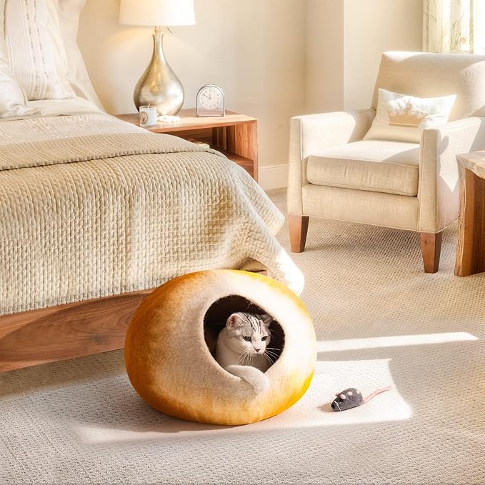 Cat Cave Bed -Handmade Wool Cat Bed Cave, Cat Bed Cat House, Felt Cat Caves for Indoor Cats and Kittens(Yellow/White) - PAWPICO