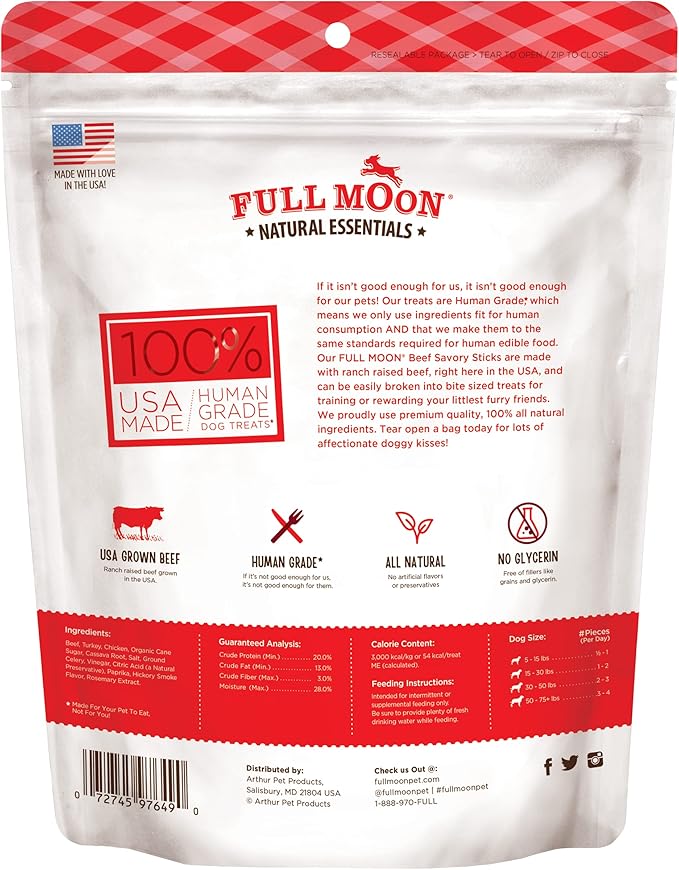 Full Moon All Natural Human Grade Dog Treats, Essential Beef Savory Sticks, 22 Ounce, 1.375 Pound (Pack of 2) - PAWPICO