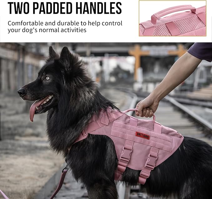 OneTigris Tactical Dog Harness for Small Dog, No Pull Vest with Handles, Breathable Military Dog Molle Vests, Harness for Walking Hiking Training (Pink, X-Large) OneTigris