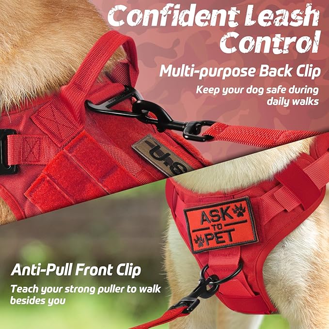 rabbitgoo Tactical Dog Harness for Small, Heavy Duty Pet Harness with Handle, No-Pull Service Vest Small Breed, Adjustable Military Dog Vest for Training Hunting Walking, Red, S rabbitgoo