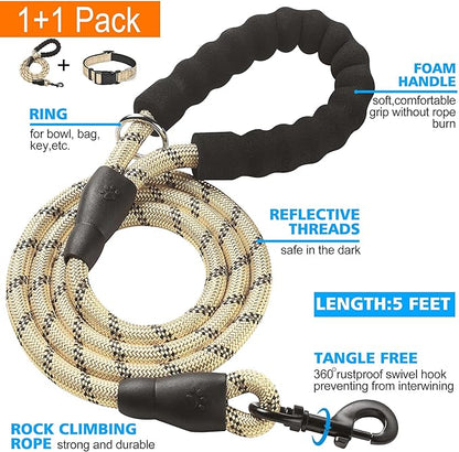 Reflective Dog Collar Padded with Soft Neoprene Breathable Adjustable Nylon Dog Collars for Small Medium Large Dogs (Small (Pack of 1), Vanilla Collar+Leash) ladoogo