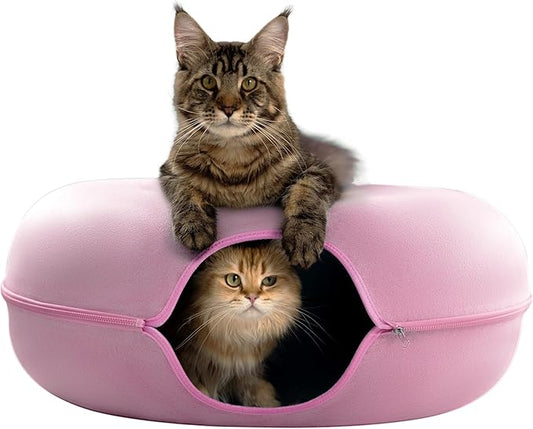 CATTASAURUS Peekaboo Cat Cave for Multiple & Large Cats Up to 30-45 Lbs, Scratch Detachable & Washable Tunnel Bed, Comfy Donut Cat Cave (Pink, Jumbo) - PAWPICO