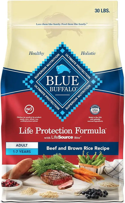 Blue Buffalo Life Protection Formula Adult Dry Dog Food, Helps Build and Maintain Strong Muscles, Made with Natural Ingredients, Beef & Brown Rice Recipe, 30-lb. Bag - PAWPICO