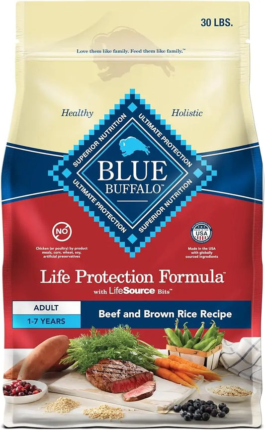 Blue Buffalo Life Protection Formula Adult Dry Dog Food, Helps Build and Maintain Strong Muscles, Made with Natural Ingredients, Beef & Brown Rice Recipe, 30-lb. Bag - PAWPICO