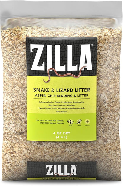 Zilla Snake and Lizard Litter Substrate, Made with Aspen Chips, Ultra Absorbent Bedding, Easy to Clean, 4 Quarts Zilla