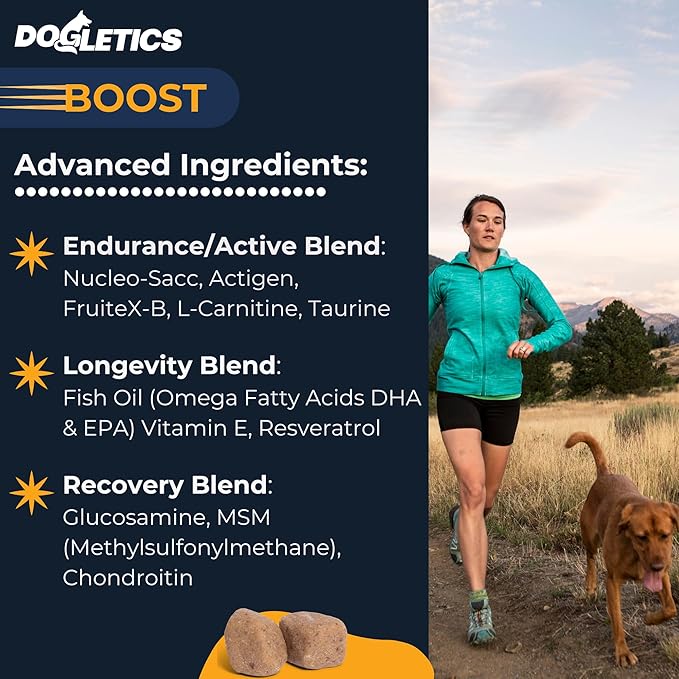 Boost Active Dog Support: Improve Energy, Endurance, Recovery & Longevity- 90ct USA Made with Real Bacon Dogletics