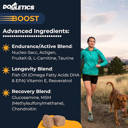Boost Active Dog Support: Improve Energy, Endurance, Recovery & Longevity- 90ct USA Made with Real Bacon Dogletics