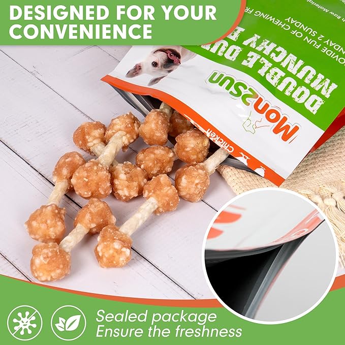 MON2SUN Dog Treats, 9oz Mini Rawhide Dog Chews, Chicken Dumbbells with Rice for Small Dogs & Toy Breed, Crunchy and Healthy (2.5 Inch 17 Count) - PAWPICO