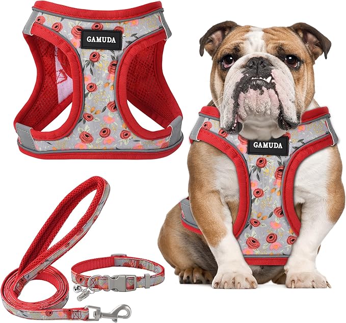 GAMUDA Small Dog Harness Collar and Leash Set, Step in No Chock No Pull Soft Mesh Adjustable Dog Vest Harnesses Plaid Reflective for Dogs Puppy Cats Kitten Rabbit (Red Flower, L) GAMUDACollarsCollection