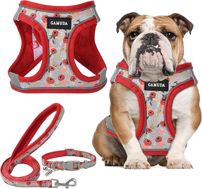 GAMUDA Small Dog Harness Collar and Leash Set, Step in No Chock No Pull Soft Mesh Adjustable Dog Vest Harnesses Plaid Reflective for Dogs Puppy Cats Kitten Rabbit (Red Flower, L) GAMUDACollarsCollection