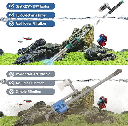AKKEE Aquarium Vacuum Gravel Cleaner, 8 in 1 Multifunctional 36W Fish Tank Gravel Cleaner Vacuum for Water Changer Wash Sand Water Filter Circulation Aquarium Vacuum Cleaner Timed Off Waterproof AKKEE