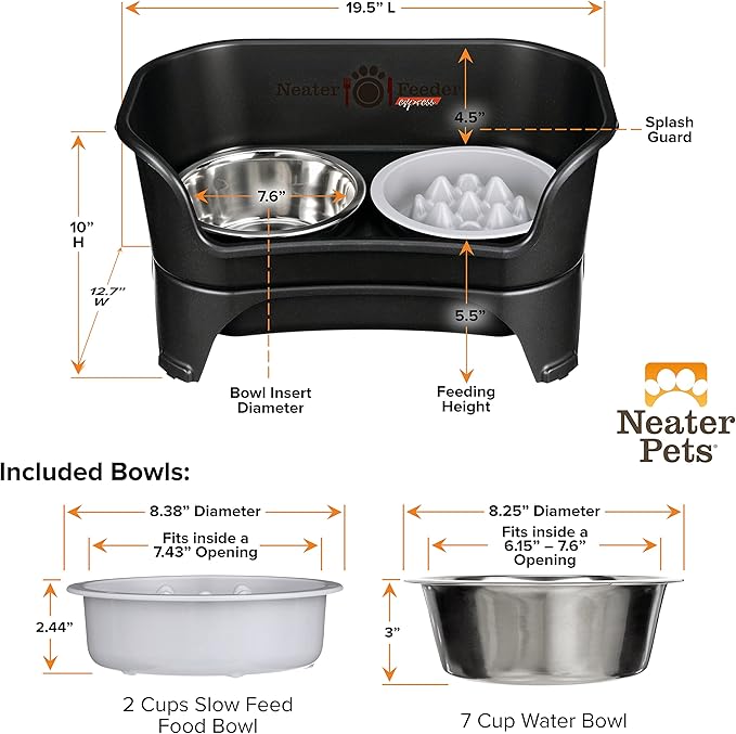 Neater Feeder Express Medium to Large Mess Proof Feeder for Dogs, 2 Cup Slow Feed Bowl & 7 Cup Stainless Steel Water Bowl, No Spill, Non-Tip, Non-Slip, Elevated Dog Bowls. Aids Digestion. Made in USA - PAWPICO