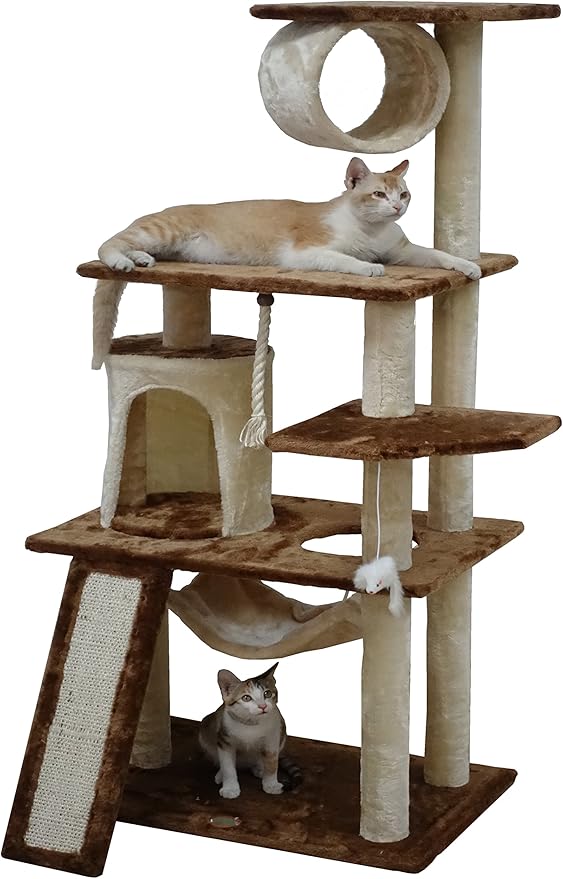 Go Pet Club Everyday Value 53in Cat Tree Kitty Tower Kitten Scratcher Condo House Furniture with Hammock and Tunnel Indoor Cat Activity Center, Beige/Brown - PAWPICO