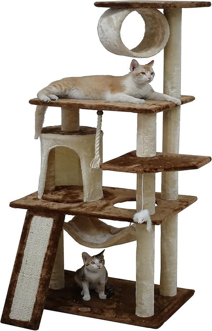 Go Pet Club Everyday Value 53in Cat Tree Kitty Tower Kitten Scratcher Condo House Furniture with Hammock and Tunnel Indoor Cat Activity Center, Beige/Brown - PAWPICO