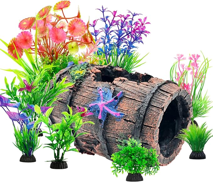 CousDUoBe Fish Broken Barrel Decor Fish Tank Decorations Betta Fish Tank Accessories,Starfish Barrel x 1pc, Fish Tank Plants x 8pcs CousDUoBeAquariumfishtankdecoration