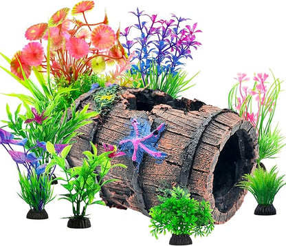 CousDUoBe Fish Broken Barrel Decor Fish Tank Decorations Betta Fish Tank Accessories,Starfish Barrel x 1pc, Fish Tank Plants x 8pcs CousDUoBeAquariumfishtankdecoration