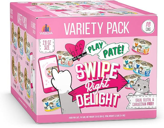 B.F.F. Play - Best Feline Friend Paté Lovers, Aw Yeah!, Swipe Right Delight Grain-Free Natural Wet Cat Food Variety Pack, 2.8oz Can (Pack of 18) - PAWPICO
