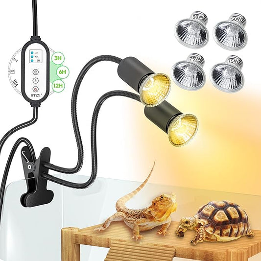 Reptile Heat Lamp, Dual-Head UVA/B Reptile Light with 3/6/12H Cycle Timer, Basking Light for Reptile Turtle Bearded Dragon Lizards Snake, E26/27 Base with 4 Bulbs (2PCS 50W and 2PCS 75W) DTZYServiceforYourLife