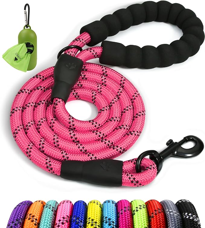 Taglory Rope Dog Leash 4 FT with Comfortable Padded Handle, Highly Reflective Threads Leash for Medium Large Dogs, 1/2 inch, Pink Taglory