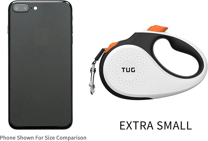 TUG Tiny 360° Tangle-Free Retractable Dog Leash with Anti-Slip Handle | 10 ft Nylon Tape | One-Handed Brake, Pause, Lock (White/Orange) TUG