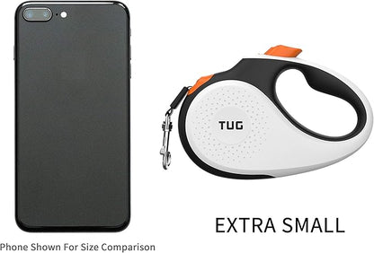 TUG Tiny 360° Tangle-Free Retractable Dog Leash with Anti-Slip Handle | 10 ft Nylon Tape | One-Handed Brake, Pause, Lock (White/Orange) TUG