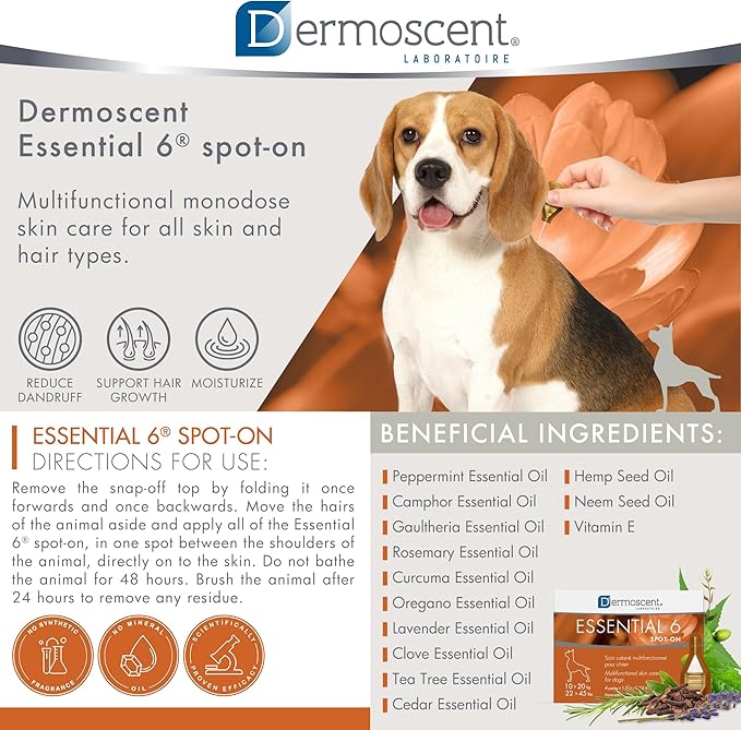 Dermoscent Essential 6 spot-on - Dog Skin Care for Dandruff & Allergy Relief with Vitamin E Oil - Anti Itch for Dogs - Natural Ingredients for Sensitive Skin - Dogs 10-20 kg - 4 Pipettes of 1.2 ml Dermoscent