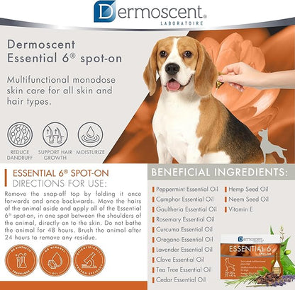 Dermoscent Essential 6 spot-on - Dog Skin Care for Dandruff & Allergy Relief with Vitamin E Oil - Anti Itch for Dogs - Natural Ingredients for Sensitive Skin - Dogs 10-20 kg - 4 Pipettes of 1.2 ml Dermoscent