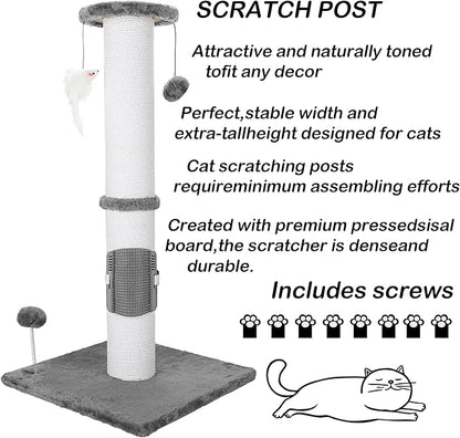 34 Inches Cat Scratching Post Heavy Duty and Thicker Cat Self Grooming with Hanging Toys and Sturdy Handmade Rope, Grey - PAWPICO