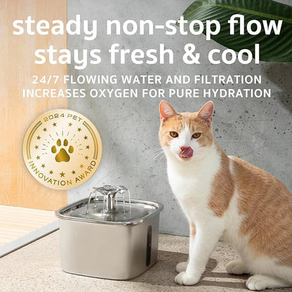 Veken Innovation Award Winner Stainless Steel Cat Water Fountain, 95oz/2.8L Automatic Pet Fountain Dog Water Dispenser with Replacement Filters & Silicone Mat for Cats, Dogs, Multiple Pets (Silver) - PAWPICO