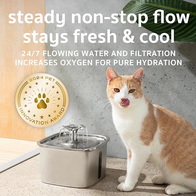 Veken Innovation Award Winner Stainless Steel Cat Water Fountain, 95oz/2.8L Automatic Pet Fountain with 6 Replacement Filters & 6 Pre-Filter Sponges & Silicone Mat for Cats, Dogs (Silver) - PAWPICO