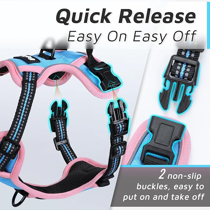 Eagloo Dog Harness for Large Dogs, No Pull Service Vest with Reflective Strips and Control Handle, Adjustable and Comfortable for Easy Walking, No Choke Harness with 2 Metal Rings, Pink & Blue, S GoExplorewithEagloo