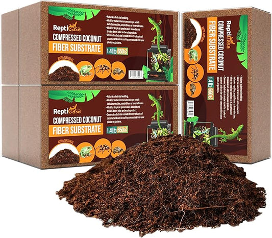 Compressed Coconut Fiber Substrate, 1.4 lb. Bricks, Natural Husk Terrarium Bedding, Reptiles, Frogs, Snakes, or Tortoise, Odor and Waste Absorbent Compostable, 5 Pack ReptiCasa