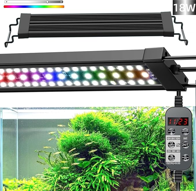 LED Aquarium Light, 24/7 Full Spectrum Dimmable Submersible Light 18-24 inch 18W for 15/20/25 Gallon Fish Tank, Day+Night Mode DIY Timer Auto On Off, High Brightness 8 Colors RGB Mode AHJ