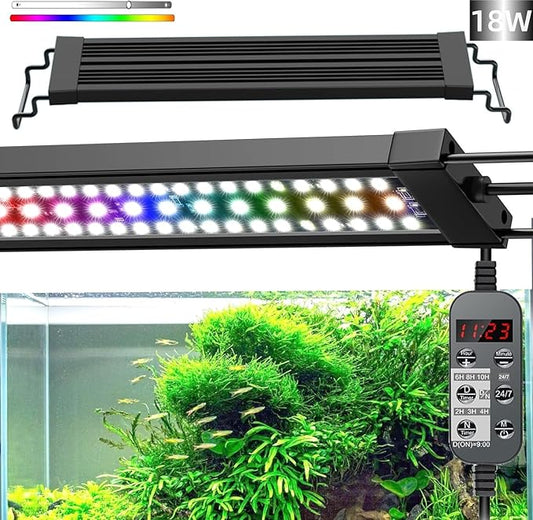 LED Aquarium Light, 24/7 Full Spectrum Dimmable Submersible Light 18-24 inch 18W for 15/20/25 Gallon Fish Tank, Day+Night Mode DIY Timer Auto On Off, High Brightness 8 Colors RGB Mode AHJ