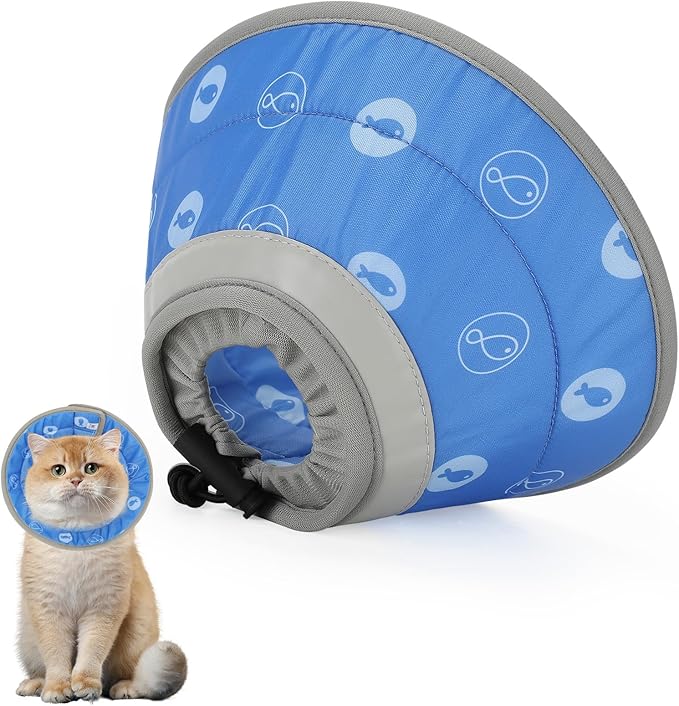 Cat Cone Collar Soft, Cat Cones to Stop Licking, Adjustable Cat Cone Water Resistant, Foldable, Adjustable, Lightweight (Blue Fish, Small) IDOGCHEW