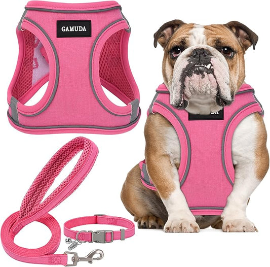 GAMUDA Small Pet Harness Collar and Leash Set, Step in No Chock No Pull Linen Fabric Soft Mesh Dog Vest Harnesses Reflective for Dogs Puppy Cats Kitten Rabbit (Pink, L) GAMUDACollarsCollection