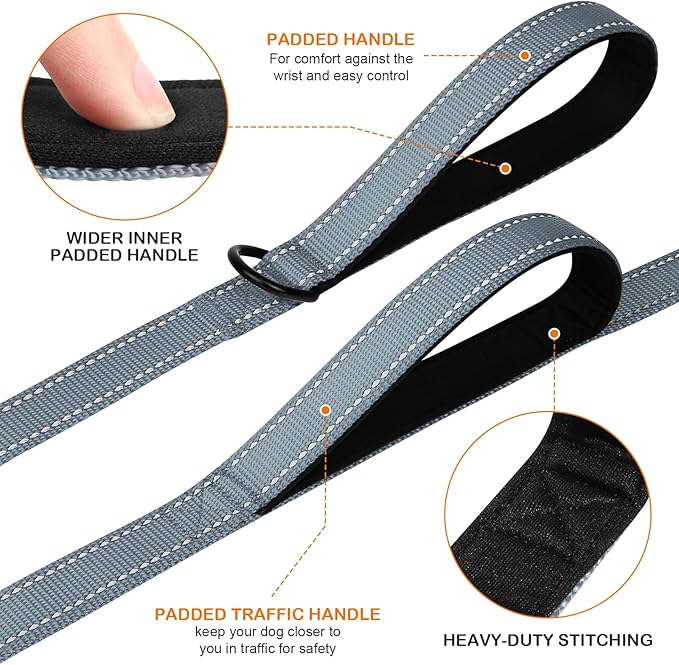 Joytale Dog Leash Heavy Duty for Large Dogs That Pull, Double Handle for Traffic Control, Double-Sided Reflective Leashes for Large Medium Dogs Night Safety, 6FT, Gray Joytale