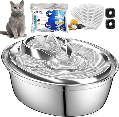 ORSDA Cat Water Fountain Stainless Steel, 2L Pet Fountain for Cats Inside, Dog Water Dispenser, Automatic Cat Drinking Fountains with 6 Replacement Filters for Cats, Small Dogs - PAWPICO
