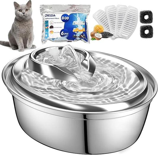 ORSDA Cat Water Fountain Stainless Steel, 2L Pet Fountain for Cats Inside, Dog Water Dispenser, Automatic Cat Drinking Fountains with 6 Replacement Filters for Cats, Small Dogs - PAWPICO