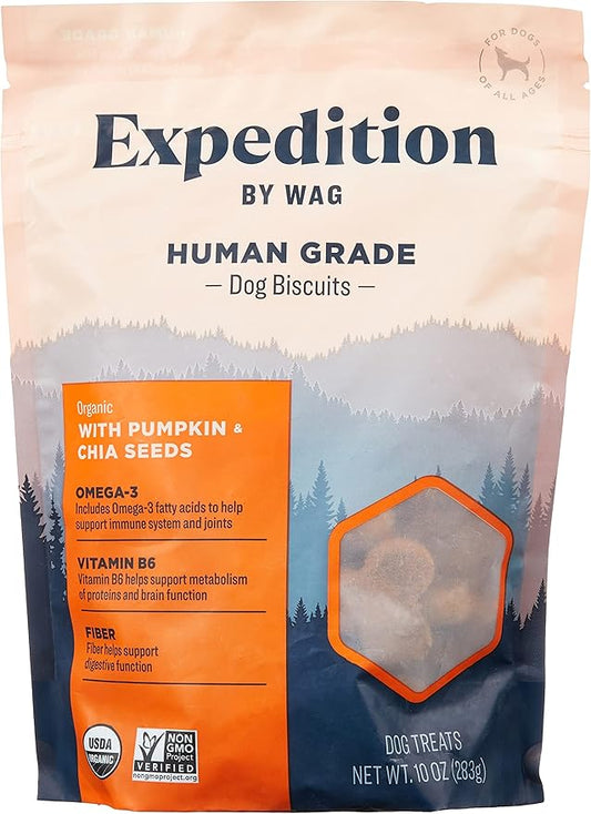 Amazon Brand - Wag Expedition Human Grade Organic Biscuits Dog Treats, Non-GMO, Pumpkin & Chia Seed, 10 oz, Pack of 1 - PAWPICO