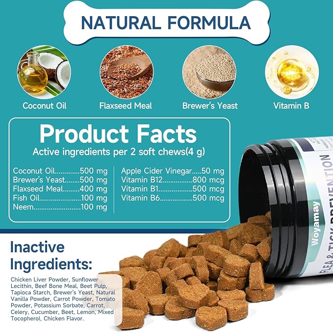 Flea and Tick Prevention for Dogs Chewables, 200 Soft Treats, Natural Dog Flea and Tick Treatment, Oral Flea Pills for Dogs Supplement, Flea and Tick Chews for Dogs Puppies, All Breeds & Sizes Woyamay