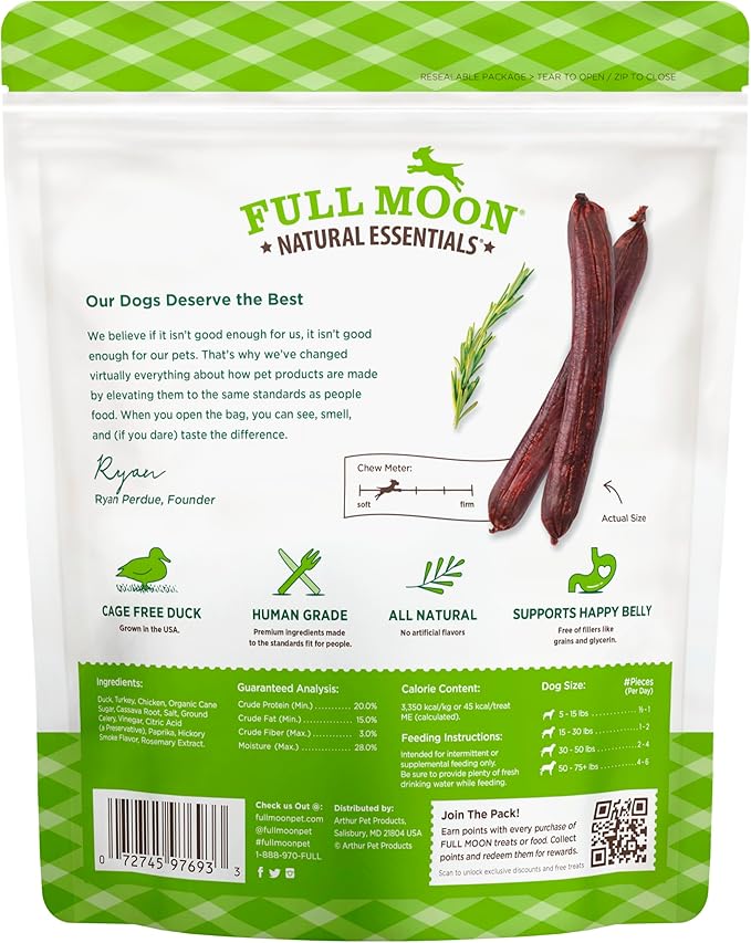 Full Moon All Natural Human Grade Dog Treats, Essential Duck Savory Sticks 14.0 oz - PAWPICO