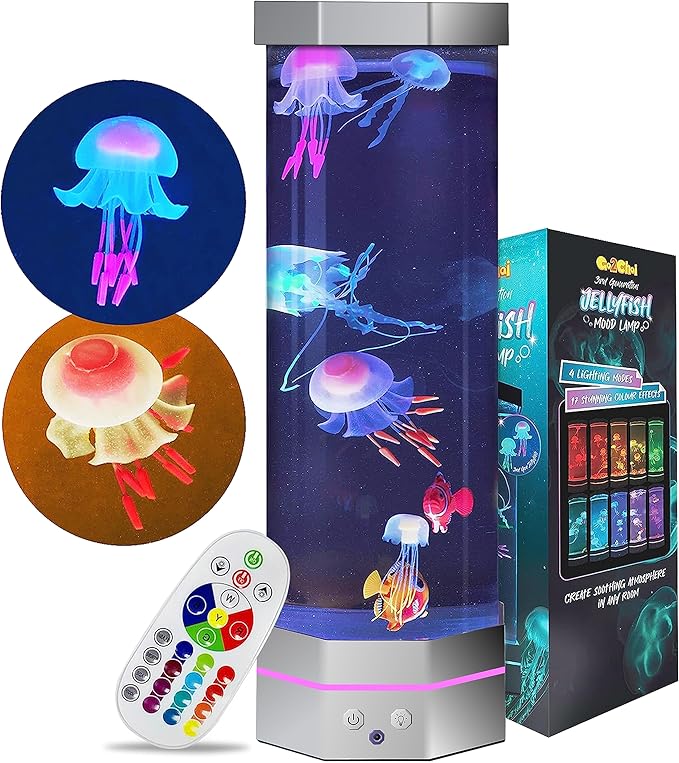 Jellyfish Aquarium Lamp Fake Fish Jelly Fish Tank Aquarium Lava Lamp Night Light Room Decor,7 Jellyfish&Clownfish,Adult Kids Home Office Room Desk Light Go2Chai