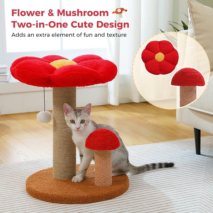 PETEPELA Cat Scratching Post, Mushroom Cat Scratcher Cute Cat Tree Tower with Thick Scratching Post & Removable Flower Cat Bed [Dia=15.7''], Tall Cat Post for Kittens and Indoor Small Cats, Brown - PAWPICO