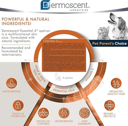Dermoscent Essential 6 spot-on - Dog Skin Care for Dandruff & Allergy Relief with Vitamin E Oil - Anti Itch for Dogs - Dog & Small Mammals 0-10 kg - 4 Pipettes of 0.6 ml Dermoscent