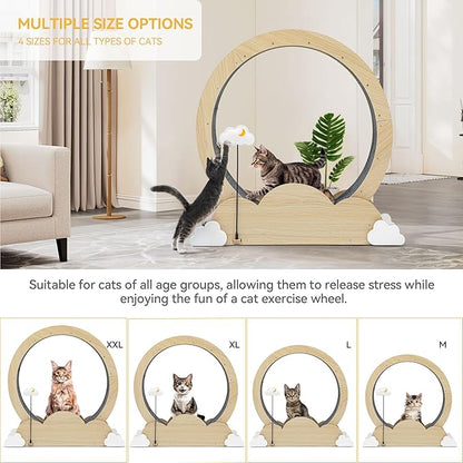 DWVO 37in Cat Exercise Wheel for Indoor Cats with Locking Mechanism, Natural Solid Wood Sturdy Cat Treadmill Wheel with Detachable Carpet, Suitable for Most Cats - PAWPICO