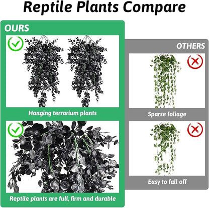 Hamiledyi Reptile Plants, 2 Pack Hanging Terrarium Plants, Artificial Leaves Habitat Decorations with Suction Cup, Fake Amphibian Plants for Bearded Dragon Lizard Hermit Crab Geckos Chameleon(Black) Hamiledyi