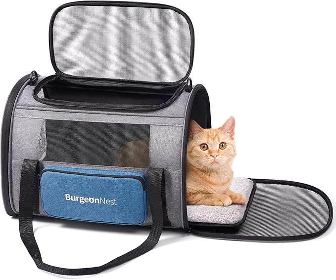 BurgeonNest Cat Carrier for Large Cats 20 lbs,Medium Cats Under 25 lbs,2 Cats and Small Dogs with Unique Side Bag,Top Load Pet Carrier Soft-Sided Escape Proof with 4 Ventilated Windows - PAWPICO