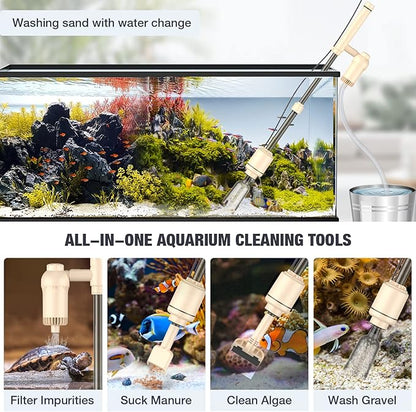 AKKEE Aquarium Vacuum Gravel Cleaner: 18W Gravel Vacuum for Fish Tank with Strong Suction for Automatic Change Water, Remove Dirt Wash Sand Water Shower and Water Circulation, Beige AKKEE